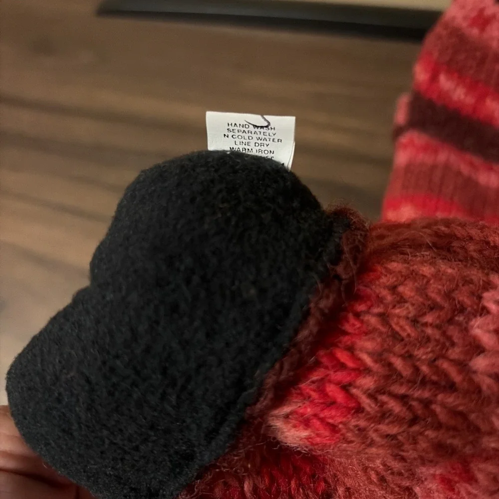 Made In Nepal Wool Fleece Lined Fingerless Gloves Convertible Mittens Red Pink